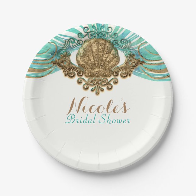 Gold & Teal Sea Shell Glam Beach Party Elegant Paper Plates (Front)