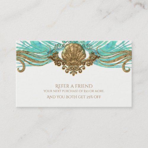 Gold  Teal Sea Shell Glam Beach Refer a Friend Referral Card