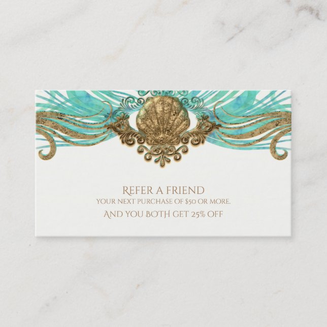 Gold & Teal Sea Shell Glam Beach Refer a Friend Referral Card (Front)