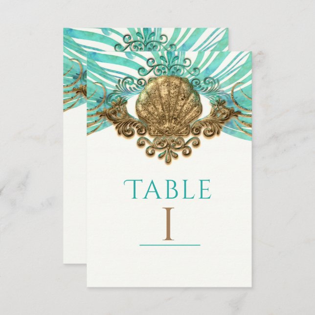 Gold & Teal Sea Shell Glam Beach Table Number Card (Front/Back)