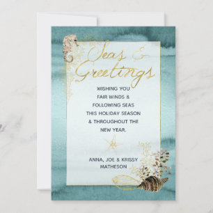 Gold & Teal Seas & Greetings Coastal Christmas Holiday Card