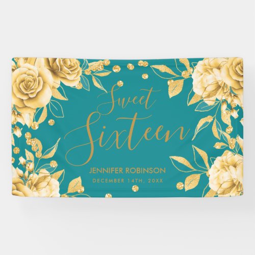 Gold Teal Sweet 16 Glitter Confetti Floral Banner