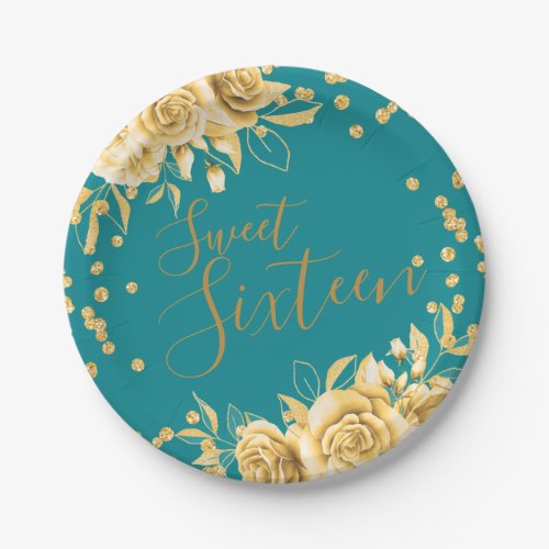 Gold Teal Sweet 16 Glitter Confetti Floral Paper Plates