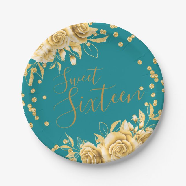 Gold Teal Sweet 16 Glitter Confetti Floral Paper Plates (Front)