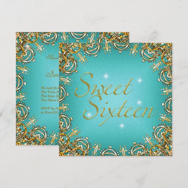 Gold Teal Sweet Sixteen Sweet 16 Image Invitation (Front/Back)