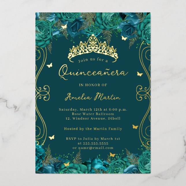 Gold Teal Swirl Scroll Floral Quinceanera  Foil Invitation (Front)