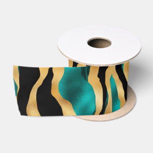 Gold Teal Tiger Stripes Glam Abstract Animal Satin Ribbon