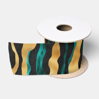 Gold Teal Tiger Stripes | Glam Abstract Animal Satin Ribbon