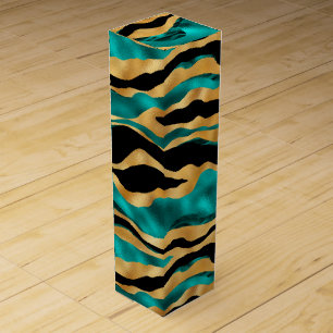 Gold Teal Tiger Stripes Glam Abstract Animal Wine Box