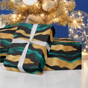 Gold Teal Tiger Stripes   Glam Abstract Animal Wrapping Paper