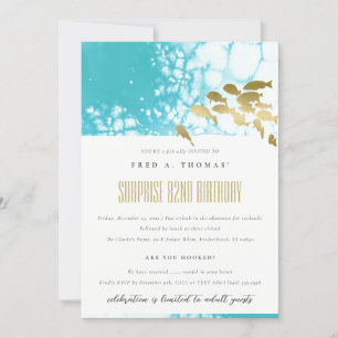 Gold Teal Underwater Fish Any Age Birthday Invite