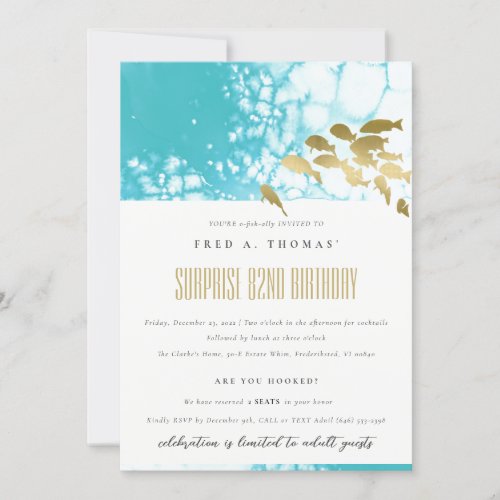 Gold Teal Underwater Fish Any Age Birthday Invite