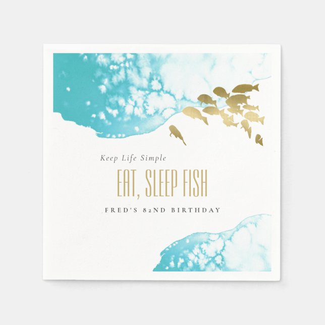 Gold Teal Underwater Fish Any Age Birthday Invite Napkins (Front)