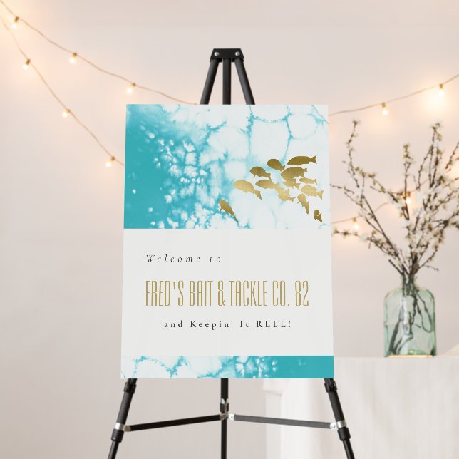 Gold Teal Underwater Fish Any Age Birthday Welcome Foam Board (In Situ (Stand))