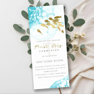 Gold Teal Underwater Sea Fish First Holy Communion Invitation