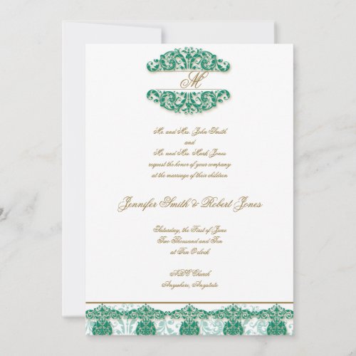 Gold and Teal Vintage Floral Scroll Invitation