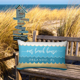 Gold Teal Waves Beach House Pillow