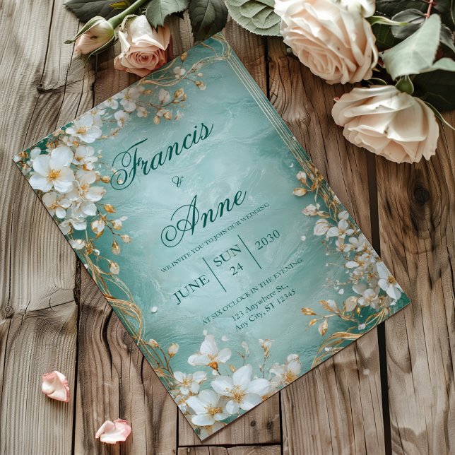 Gold Teal White Floral Marbled Spring Wedding Invitation (Creator Uploaded)
