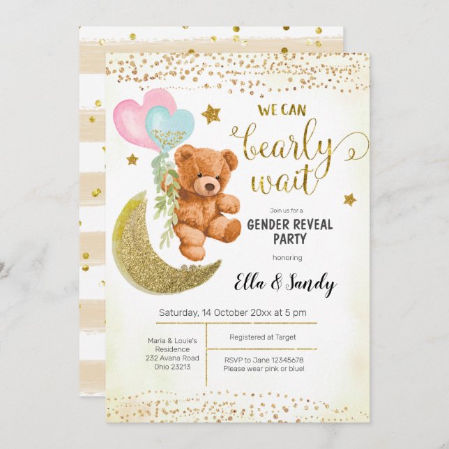 Gold Teddy Bear Balloon Gender Reveal Party Invitation (Front/Back)