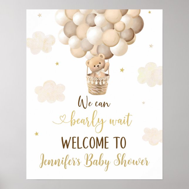 Gold Teddy Bear Balloons Baby Shower Welcome Poster (Front)