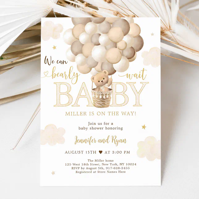 Gold Teddy Bear Hot Air Balloon Baby Shower Invitation | Zazzle