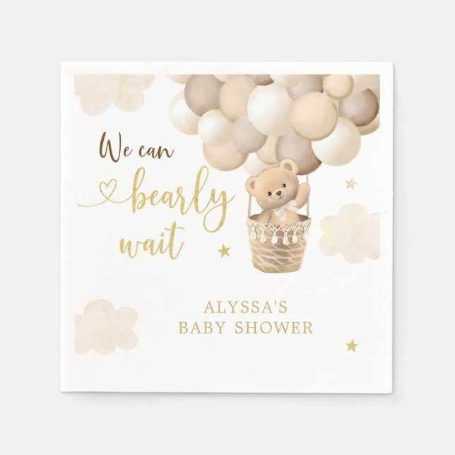 Gold Teddy Bear Hot Air Balloon Baby Shower Napkins (Front)