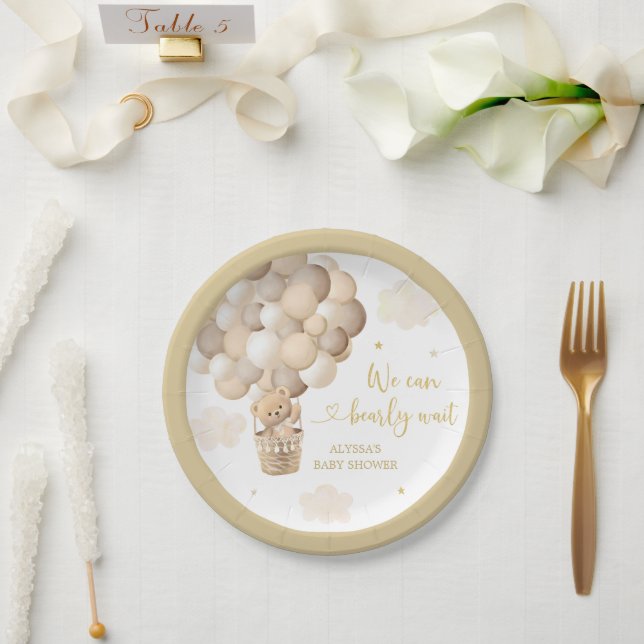 Gold Teddy Bear Hot Air Balloon Baby Shower Paper Plates (Wedding)