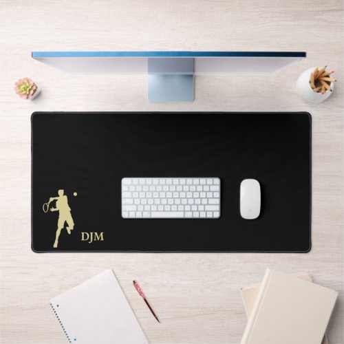 Gold Tennis Player Silhouette Monogram on Black Desk Mat