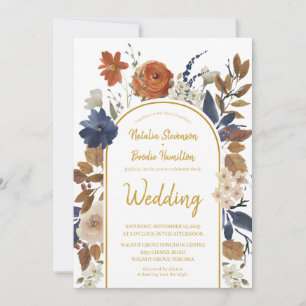 Gold Terracotta Blue Floral Boho Wedding Invitation
