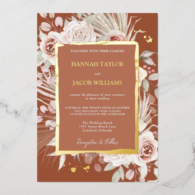 Gold Terracotta Floral Boho Wedding Foil Invitation (Front)