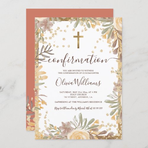 Gold terracotta floral watercolor confirmation invitation