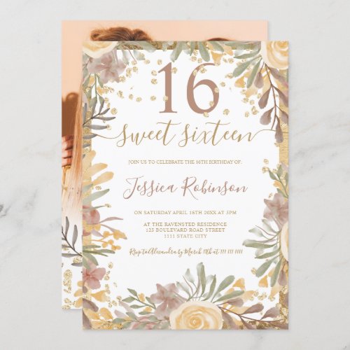 Gold terracotta floral watercolor Sweet 16 photo Invitation