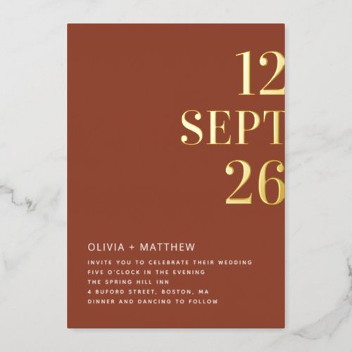 Gold terracotta modern typography wedding foil invitation