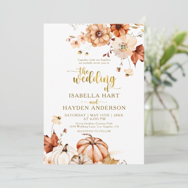 Gold Terracotta Rust Floral Rustic Wedding Invitation (Standing Front)