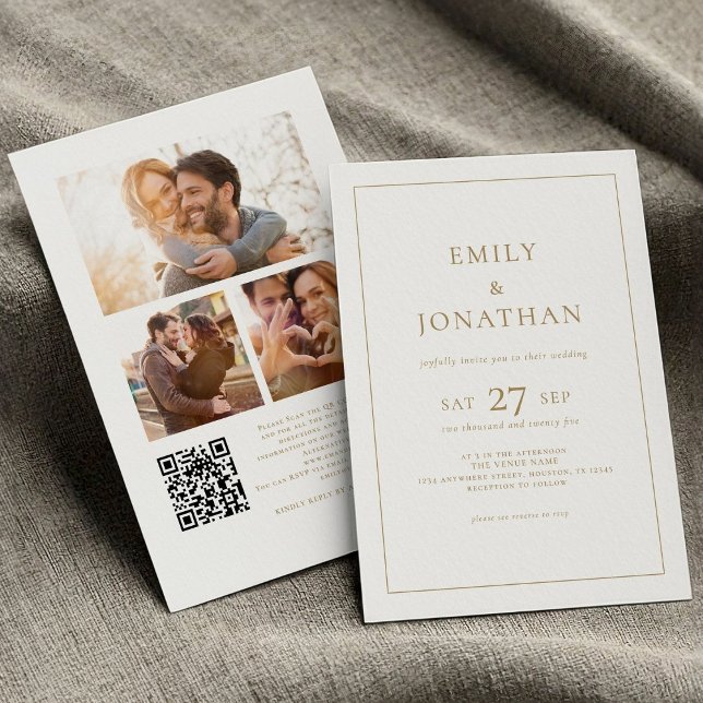 Gold Text 3 Photos Line Border QR Code Wedding Invitation (front and back view)