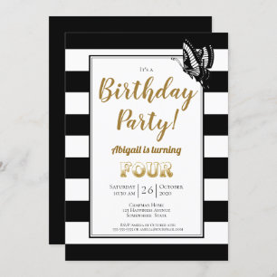 Gold Text Black and White Stripe 4th Birthday Invitation