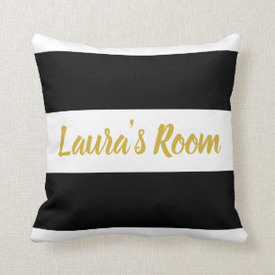 Gold Text Custom Name Striped Black and White Throw Pillow