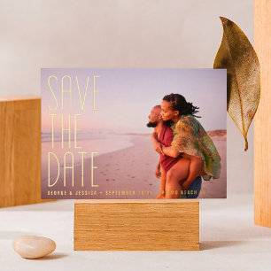 Gold Text Editable Two Multi Photo SAVE THE DATE Foil Invitation