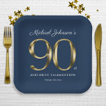 Gold Text Elegant Custom Navy Blue 90th Birthday Paper Plates<br><div class="desc">Gold Text Elegant Custom Navy Blue 90th Birthday Paper Plates. Simple yet classy birthday theme design with the birth year milestone in solid gold text effect! Elegantly design for any gender, male or female. Definitely a solid way to celebrate your birthday milestone! Check out the collection for co-ordinating items that...</div>