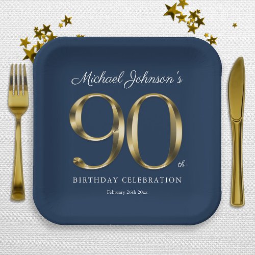 Gold Text Elegant Custom Navy Blue 90th Birthday Paper Plates