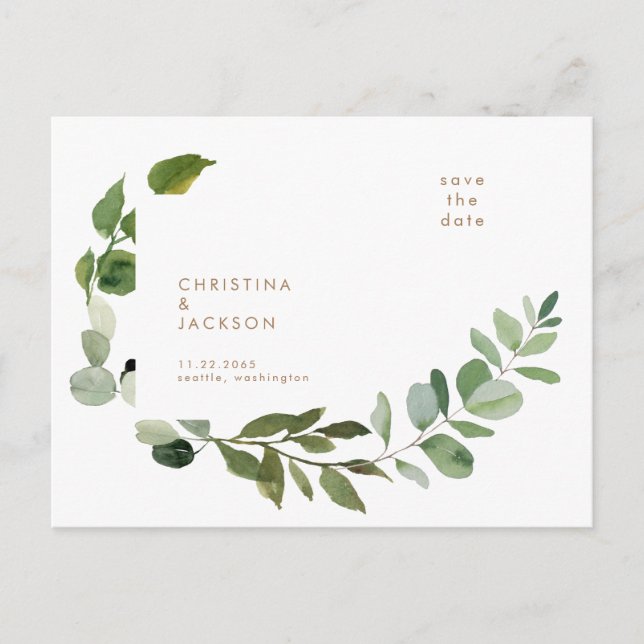  Gold Text Eucalyptus Wedding  Save the Date  Postcard (Front)
