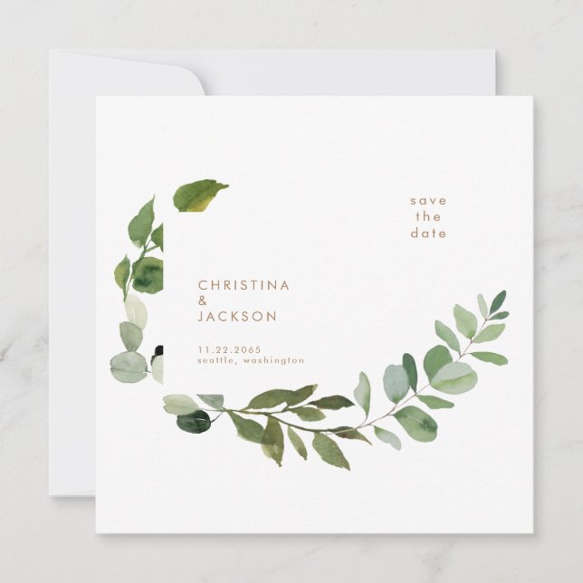 Gold Text Eucalyptus Wedding Square Save the Date  (Front)