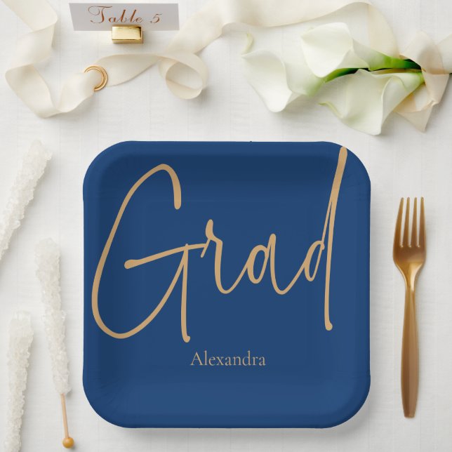 Gold Text Grad Name Graduation Blue  Paper Plates (Wedding)