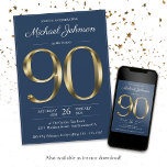 Gold Text Navy Blue Classy 90th Birthday Party Invitation<br><div class="desc">Gold Text Navy Blue Classy 90th Birthday Party Invitation. Simple yet classy birthday invitation with the birth year milestone in solid gold text effect! This is an editable template and could be used for both male and female. A version with photo is also available in this design collection. Contact me...</div>