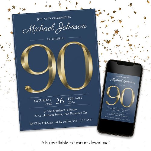 Gold Text Navy Blue Classy 90th Birthday Party Invitation