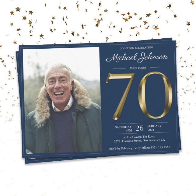 Gold Text Navy Blue Classy Photo 70th Birthday Invitation (Creator Uploaded)