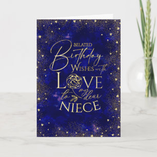 Gold Text Night Sky Belated Birthday Niece Card