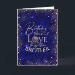 Gold Text Night Sky Birthday Brother Photo Card<br><div class="desc">This modern and visually striking birthday greeting card is designed especially for a brother, inspired by the beauty of a night sky filled with shimmering gold dust and tiny heart details that resemble glowing stars. The deep, rich background creates a bold and celestial atmosphere, while the gold accents add warmth,...</div>