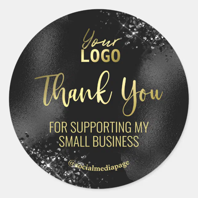Gold Text On Black Thank You For Purchase Logo Classic Round Sticker ...