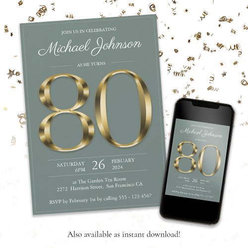 Gold Text Sage Classy 80th Birthday Party Invitation